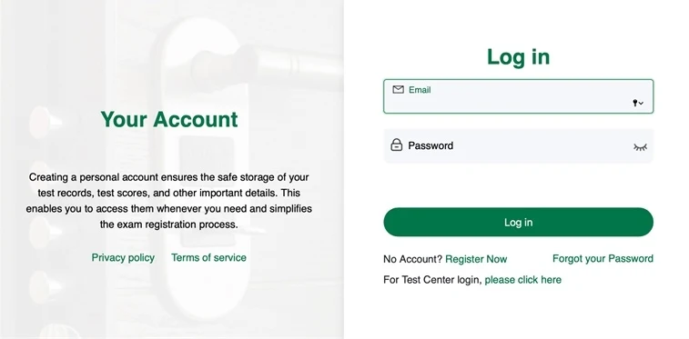 Форма входа на chinesetest.cn: поля Email и Password, кнопка Log in и ссылка Register Now